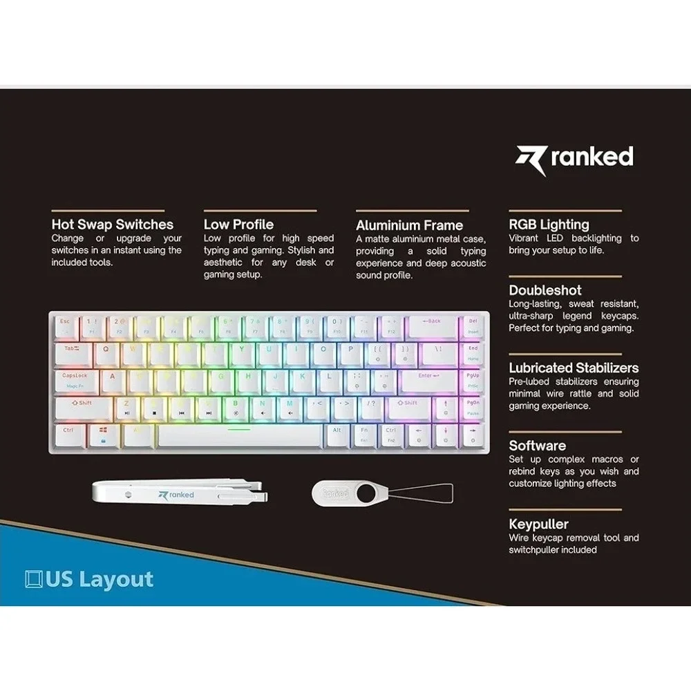 Ranked G65 Guardian 65% White | Full Aluminum Frame | Ultra Slim | Blue Switches